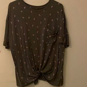 Green blouse with little mushrooms.